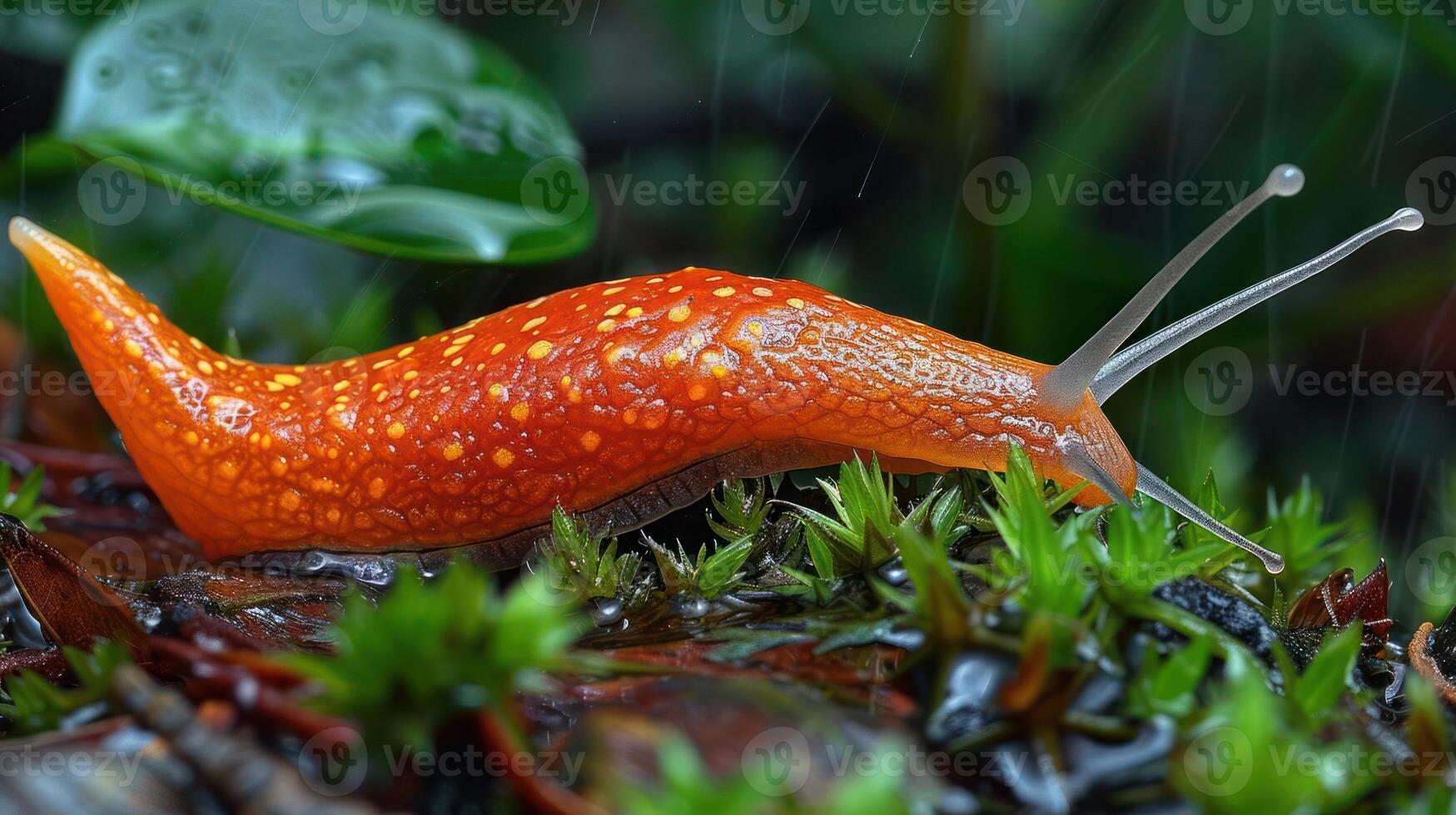 Vibrant orange slug gliding over mossy terrain in a lush, rain-drenched forest setting photo
