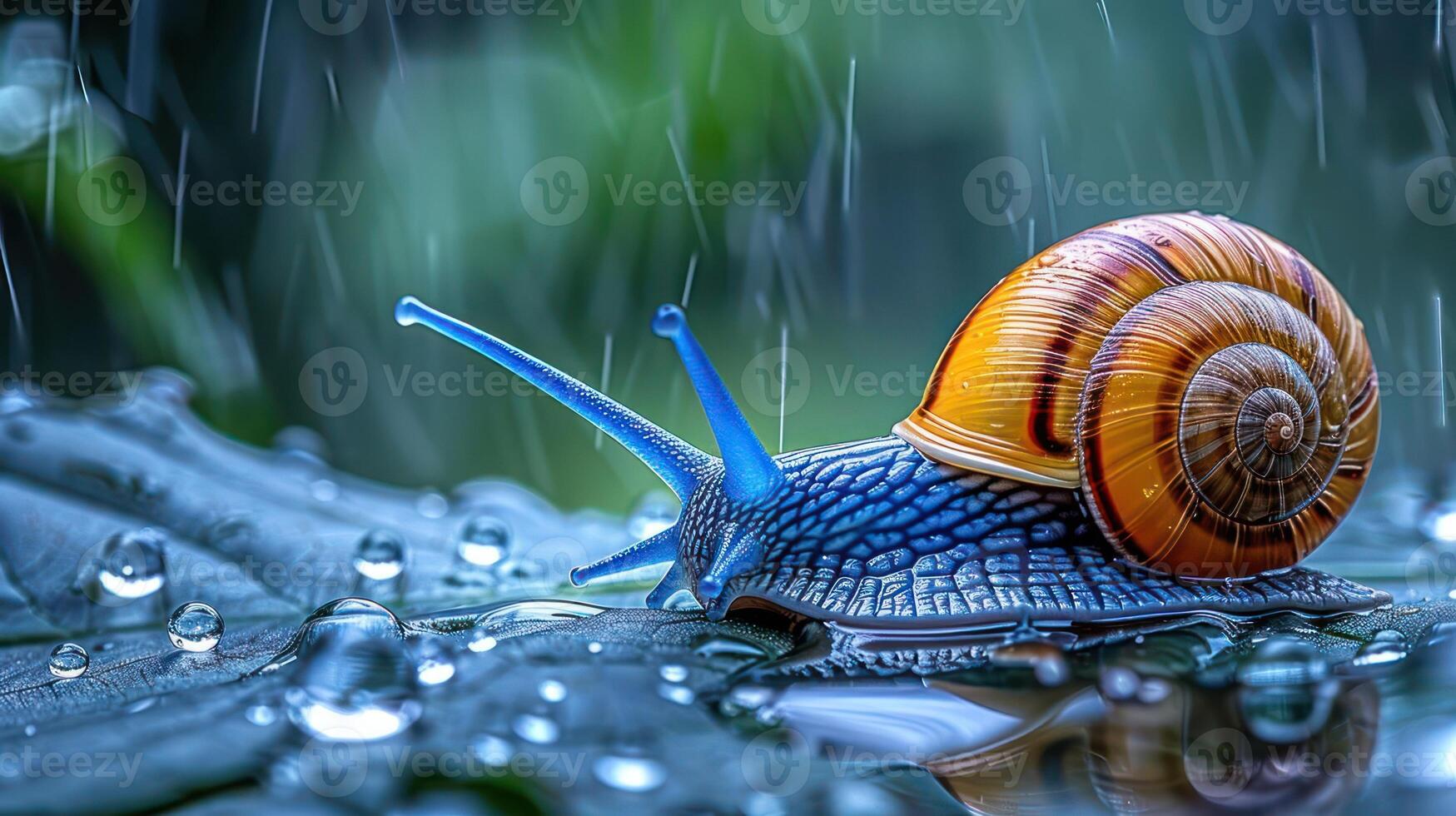 Colorful snail crawling on a wet leaf in the rain, surrounded by blurred green foliage photo