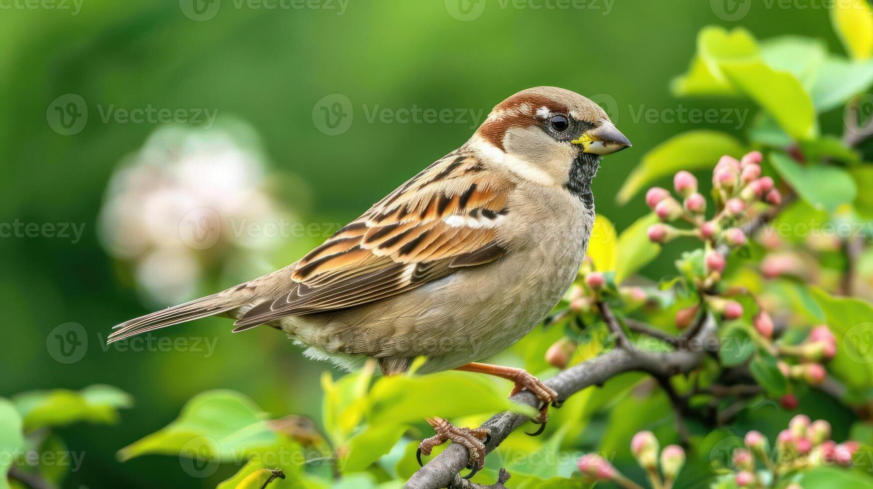 A sparrow perched on a branch surrounded by vibrant green leaves and blooming flowers photo