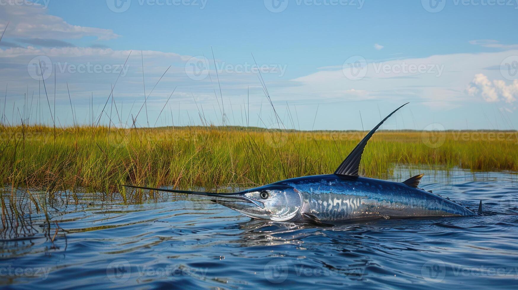 Majestic marlin swimming through serene waters surrounded by lush green marshland under blue sky photo