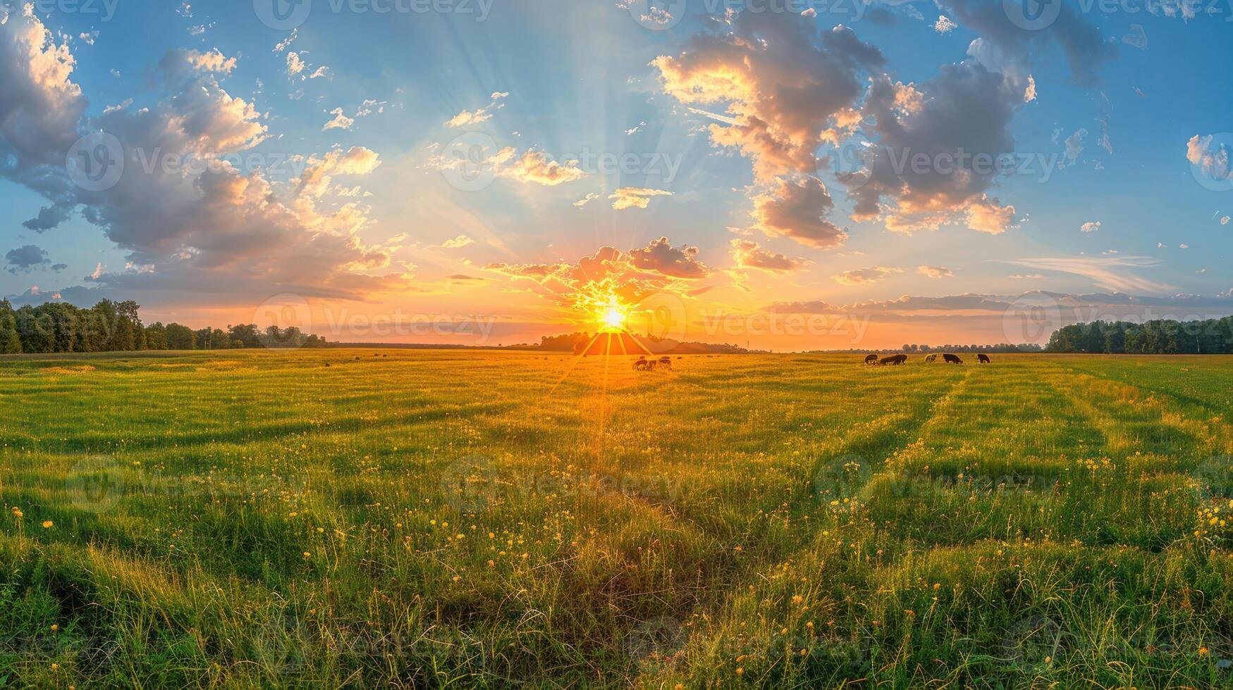 Serene sunset over a lush green field with grazing cattle, vibrant clouds, and distant trees photo