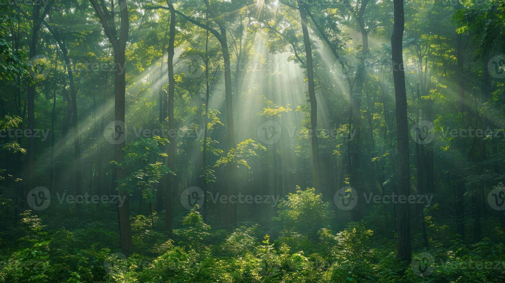 Sunlight Filters Through Lush Green Forest Canopy, Illuminating Vibrant Underbrush Below photo