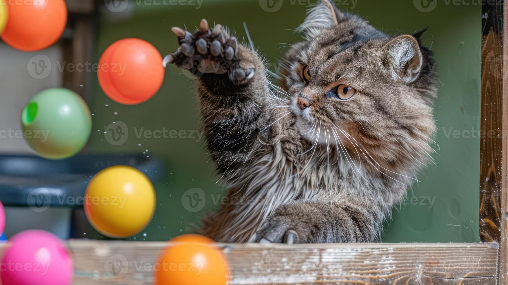 Playful cat reaching for colorful balls in a cozy indoor setting, with a soft background photo