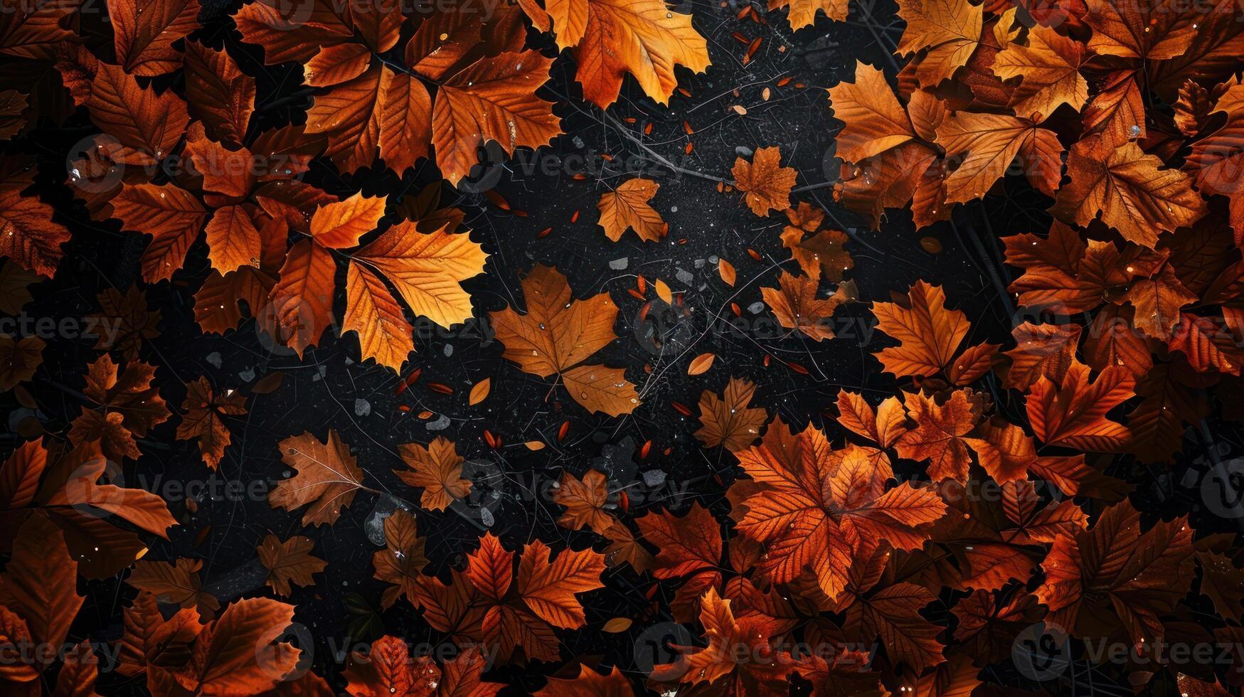 A vibrant collection of autumn leaves scattered on a dark surface, creating a rich, seasonal atmosphere photo
