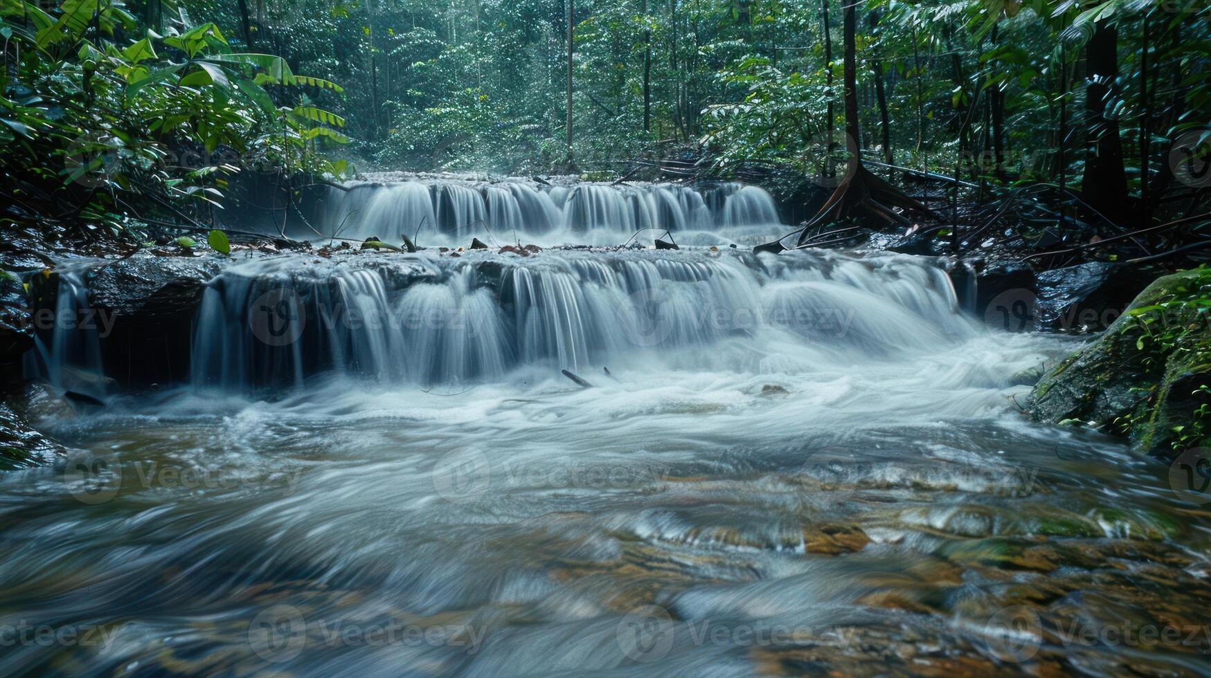 Serene waterfall cascading over rocks in a lush green forest, capturing nature's tranquility photo