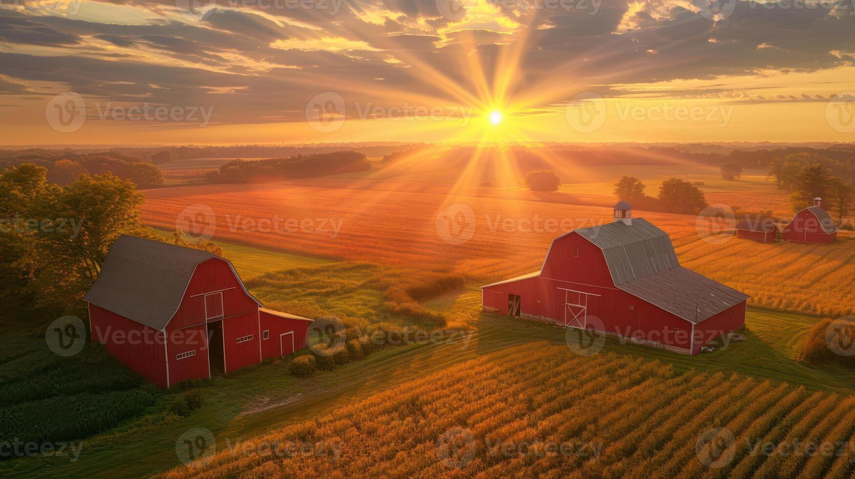 Aerial view of red barns at sunrise over golden fields, showcasing rural tranquility and nature's beauty photo