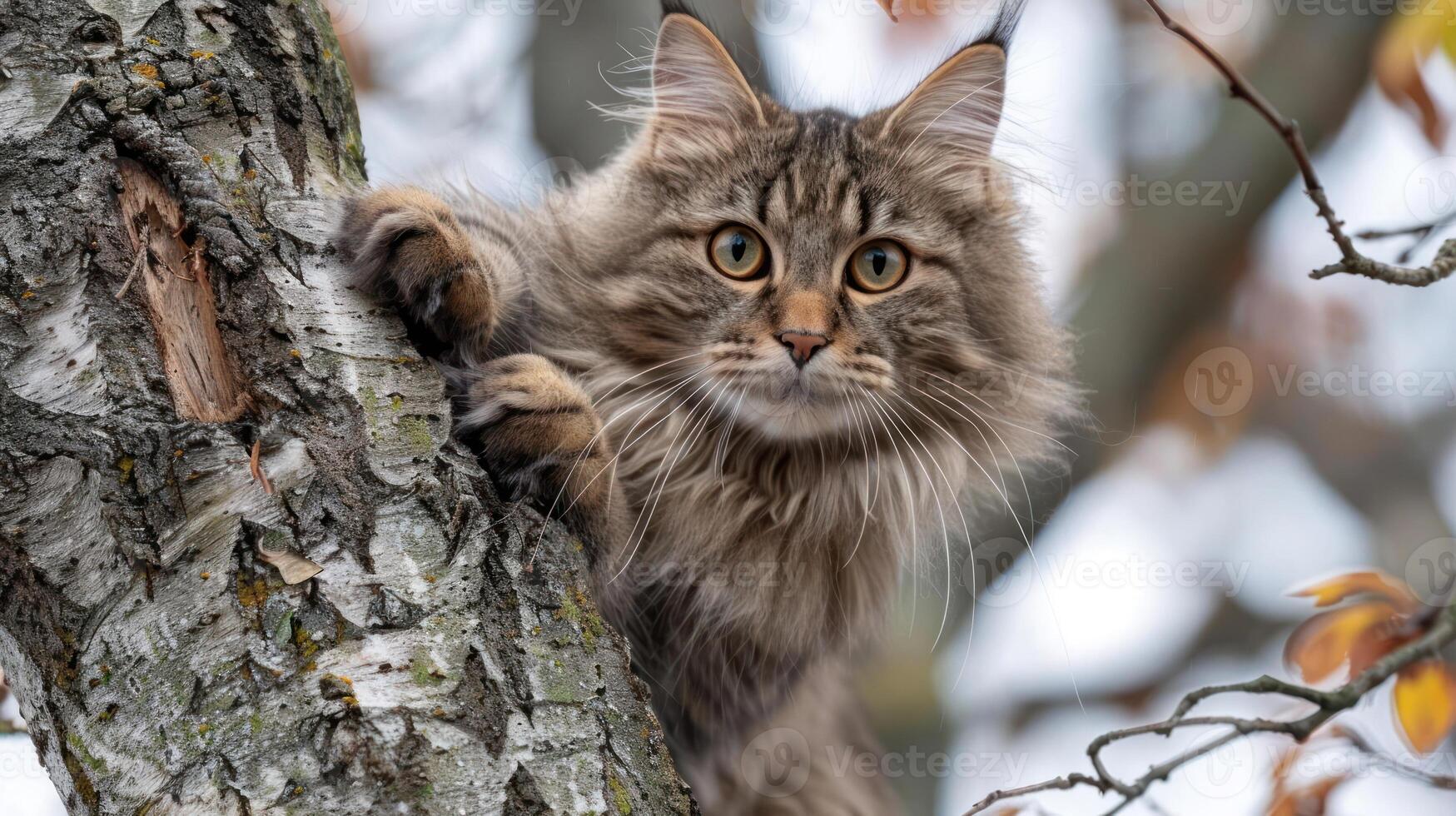 A fluffy cat perched on a tree branch, observing its surroundings with curiosity amid autumn leaves photo