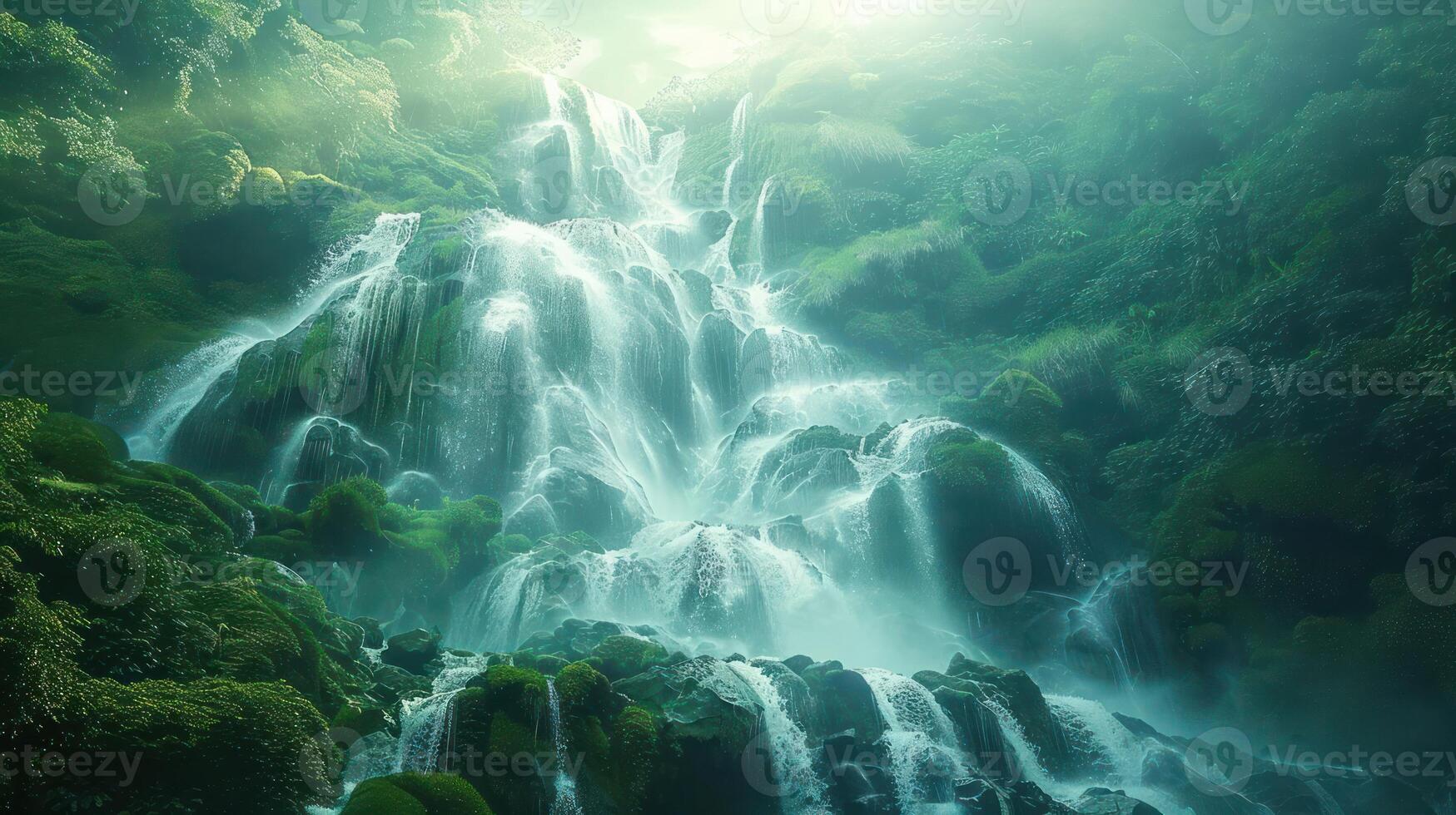 Serene waterfall cascading through lush greenery, illuminated by soft sunlight in a tranquil forest photo