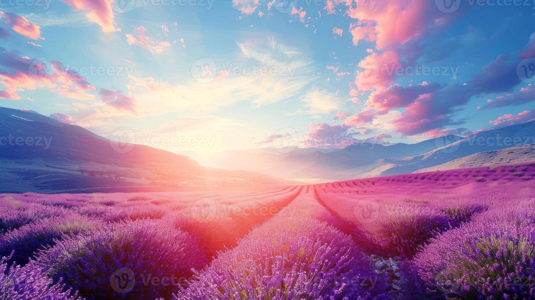 Vibrant lavender fields under a colorful sky at sunset with distant mountains in view photo