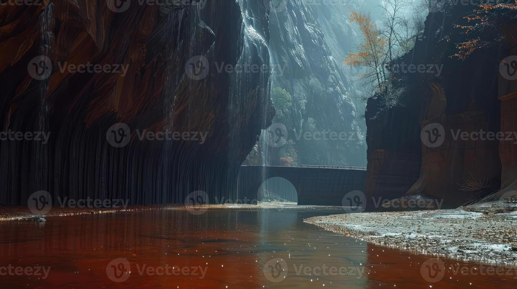 Serene canyon landscape with a reflective river, illuminated by sunlight filtering through cliffs photo