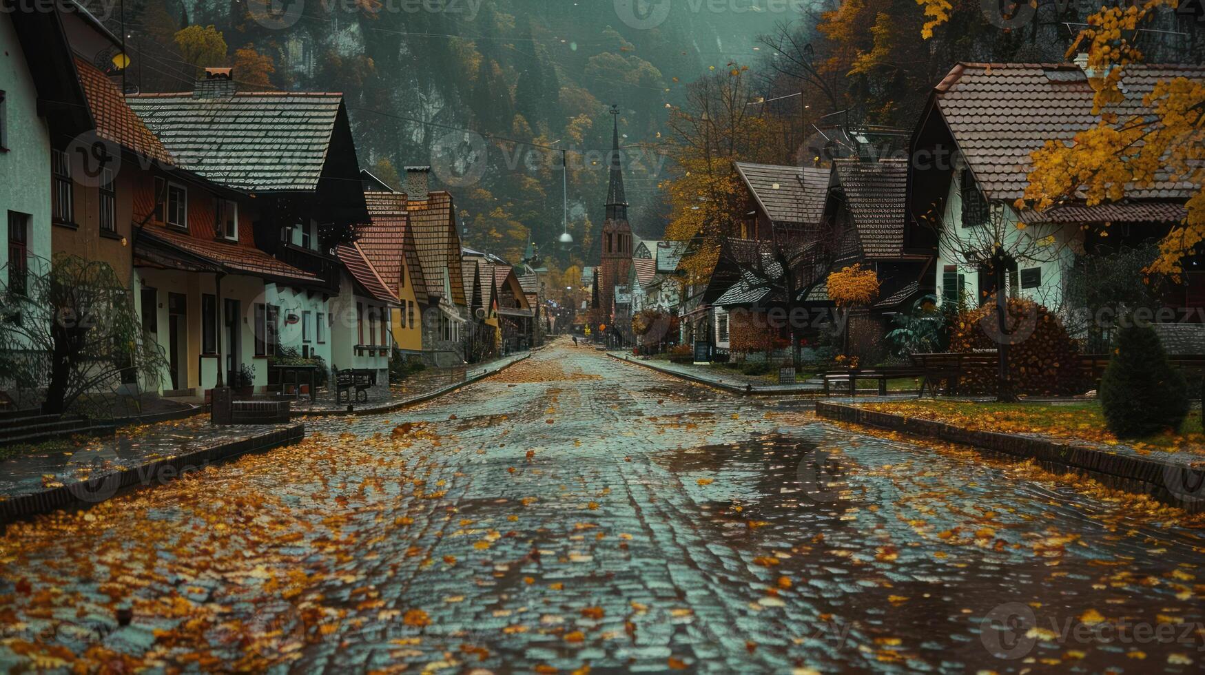 Serene autumn street scene with colorful leaves, quaint houses, and misty mountains in the background photo