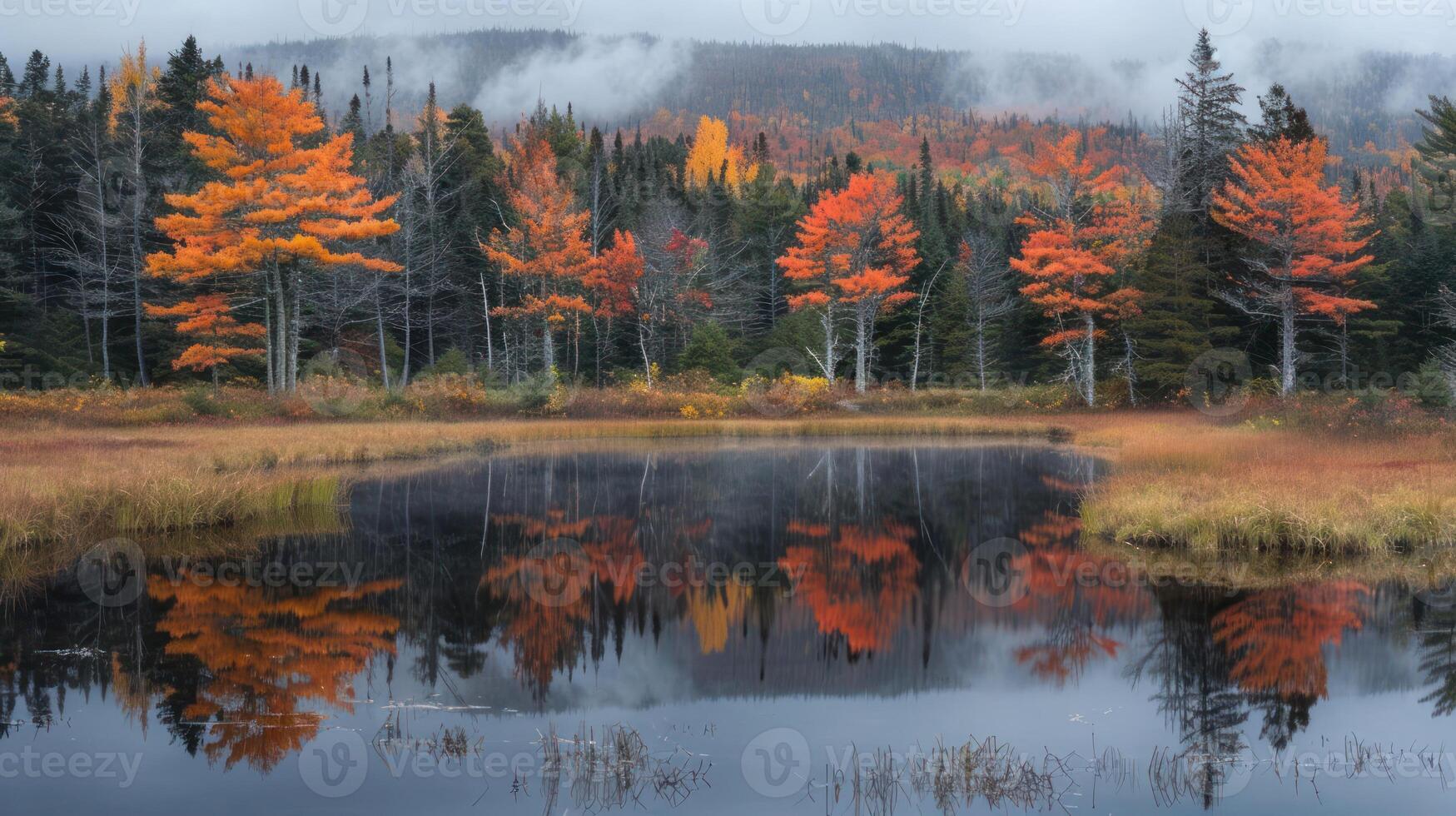 Vibrant autumn landscape with colorful trees reflecting in a tranquil pond, surrounded by misty hills photo