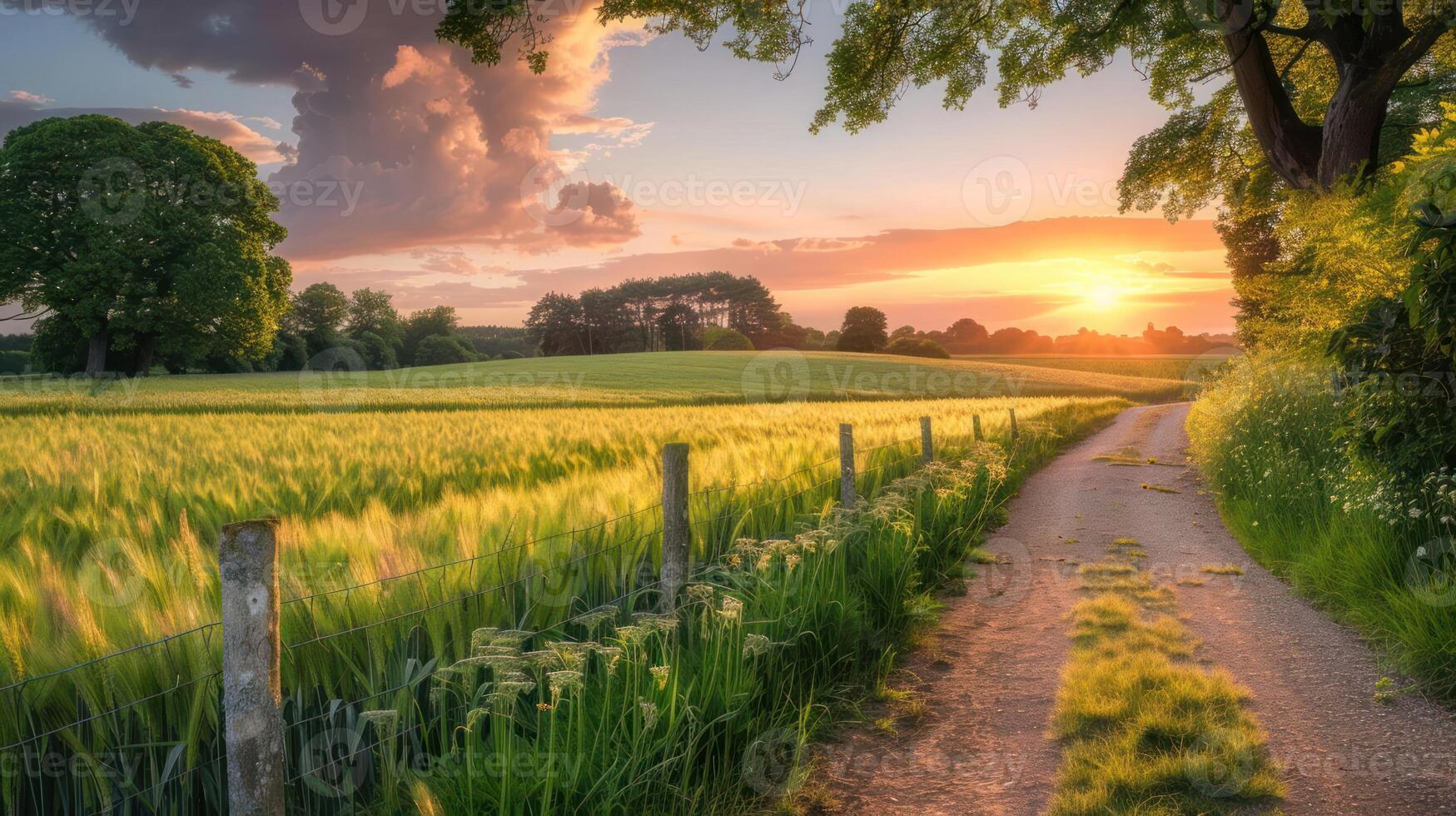 Serene sunset over a lush green field with a winding path and distant trees in the background photo