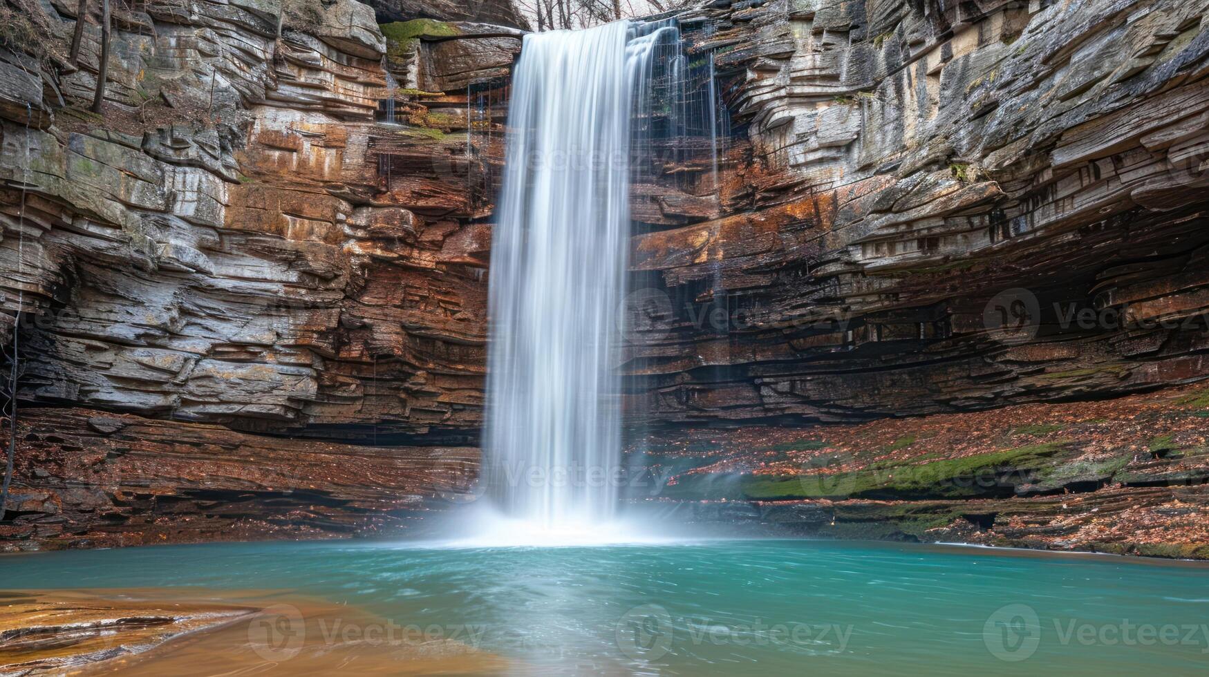 Serene waterfall cascading into a turquoise pool surrounded by rocky cliffs and autumn foliage photo