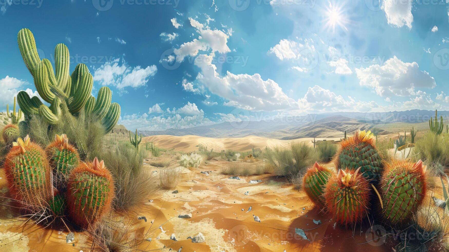 Vibrant desert landscape showcasing cacti under a bright sky with distant sand dunes and clouds photo
