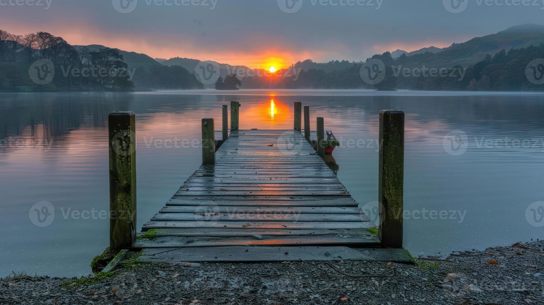 Serene sunset over a tranquil lake with a wooden dock leading into the water and hills in background photo