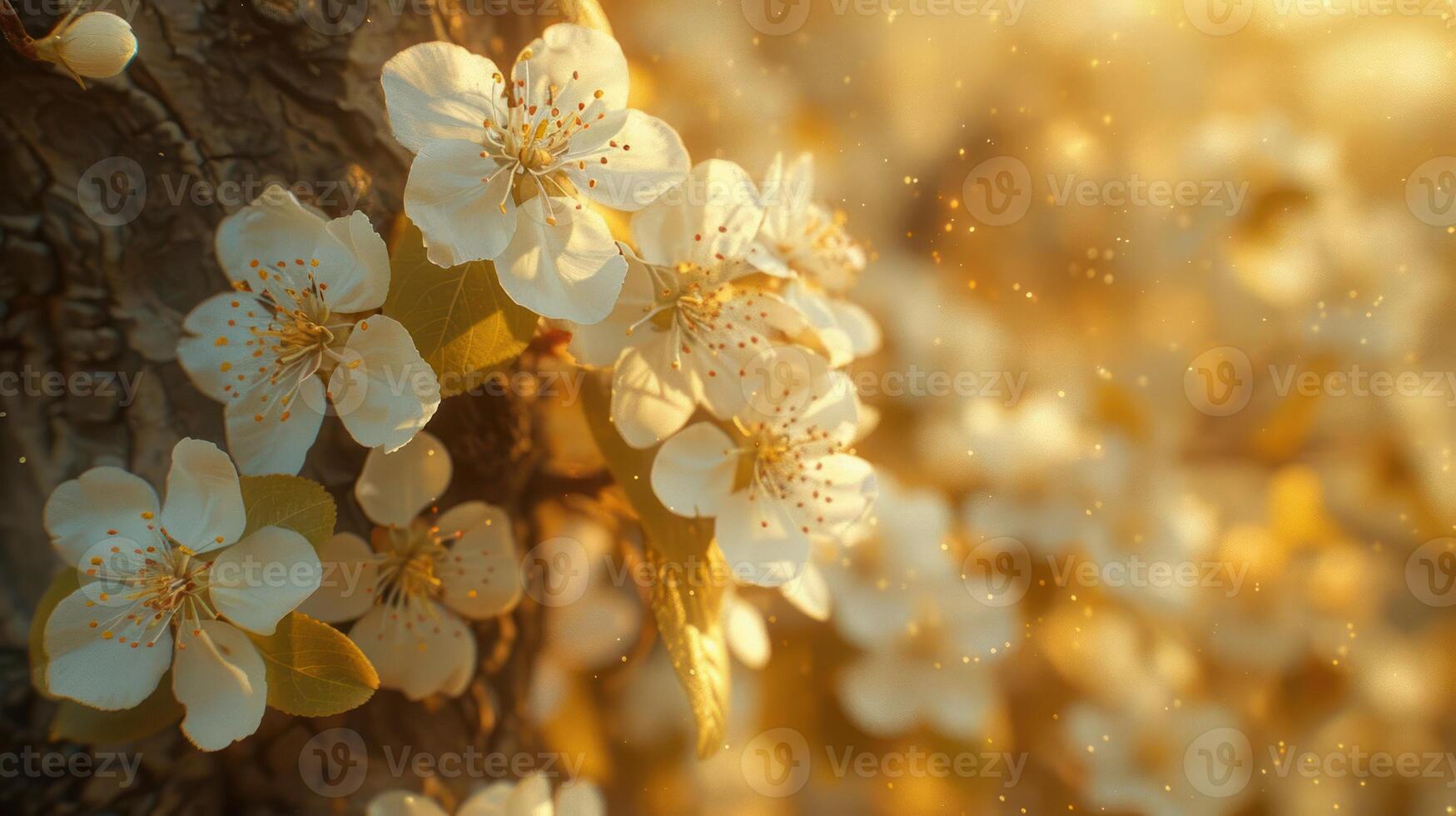 Blossoming white flowers on a tree trunk, glowing softly in warm sunlight with a dreamy background photo