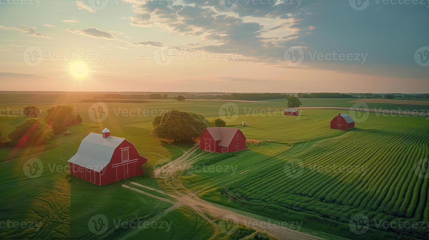 Aerial view of serene farmland at sunset with red barns and lush green fields in background photo