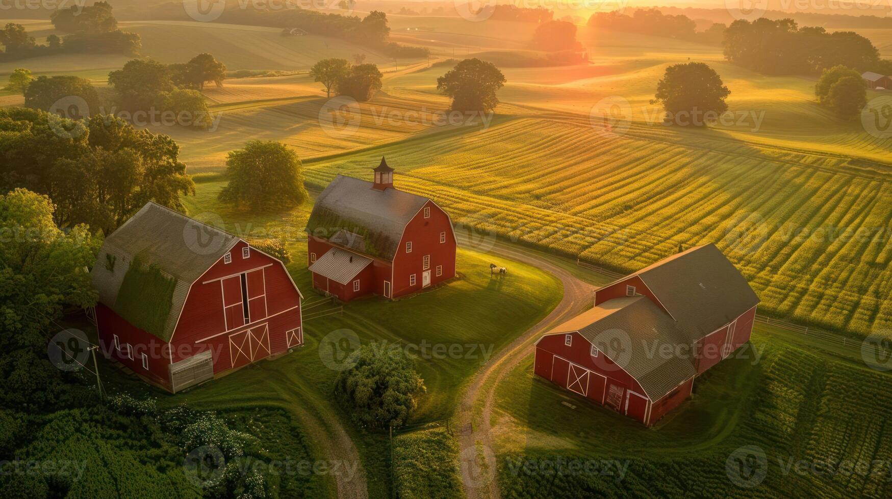 Aerial view of red barns at sunrise in a lush green countryside with fields and trees photo