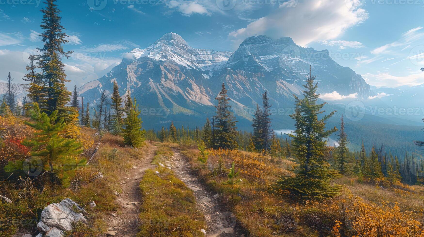 Scenic mountain landscape with a winding path, vibrant autumn foliage, and distant peaks under a blue sky photo
