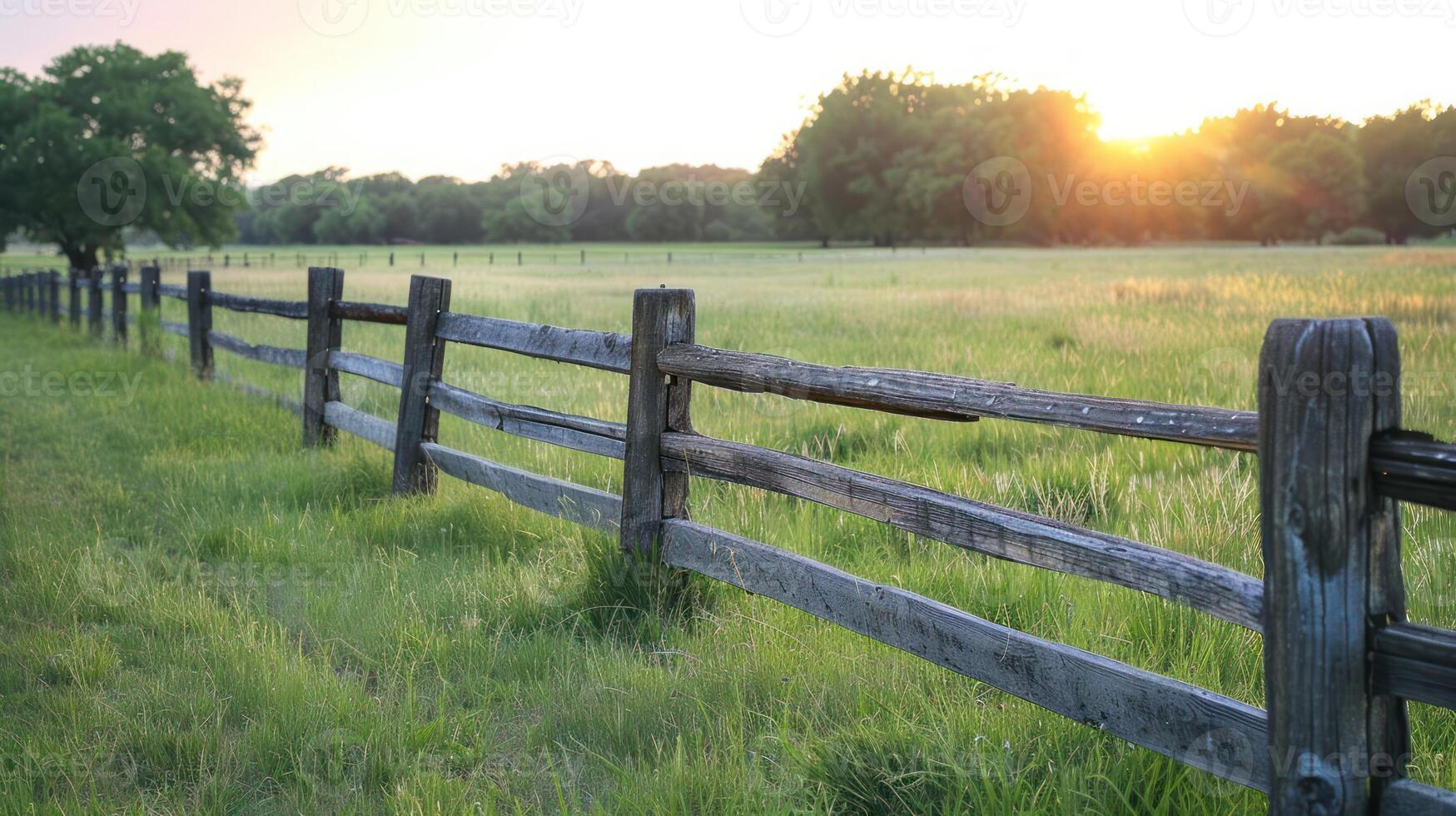 Serene sunset over a wooden fence in a lush green field with trees in the background photo