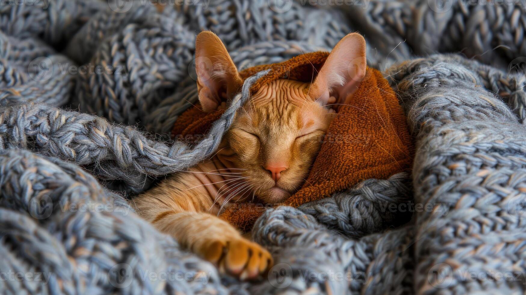 A cozy orange cat peacefully sleeping under a soft blue blanket in a warm indoor setting photo