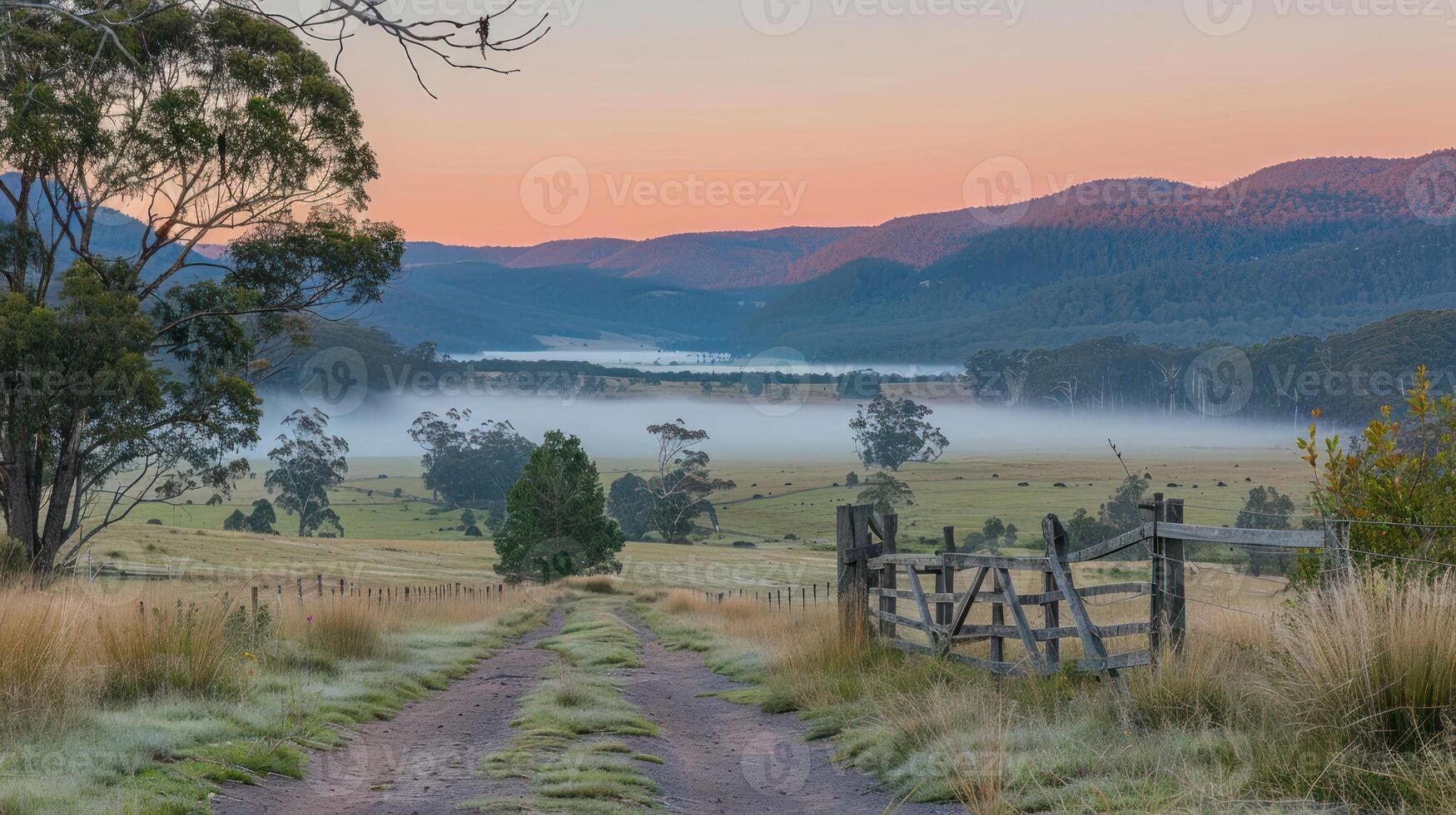 Serene morning landscape with misty valley, distant mountains, and a rustic dirt road leading to a fence photo