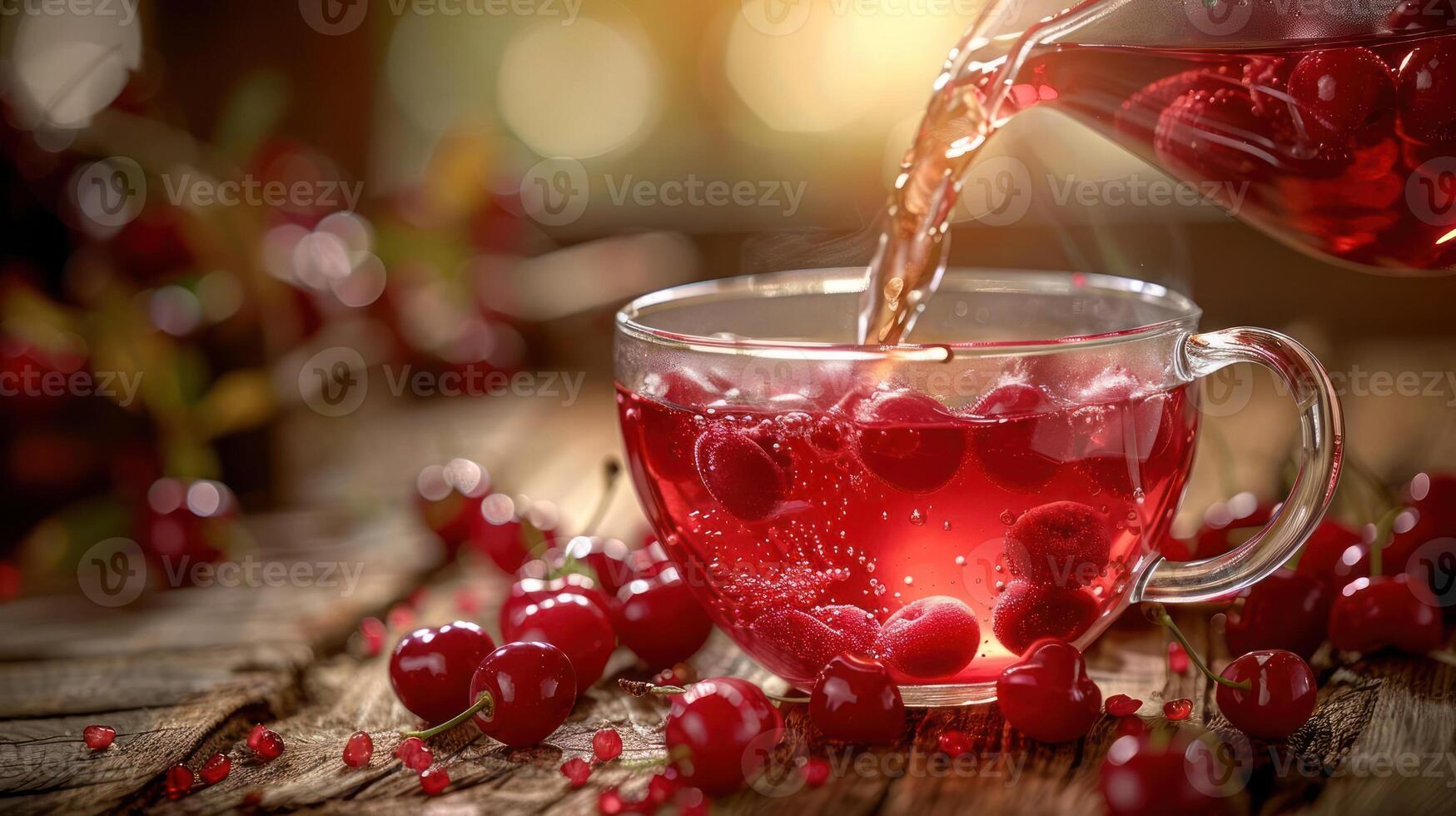 Refreshing cherry drink being poured into a glass cup surrounded by fresh cherries on a wooden table photo