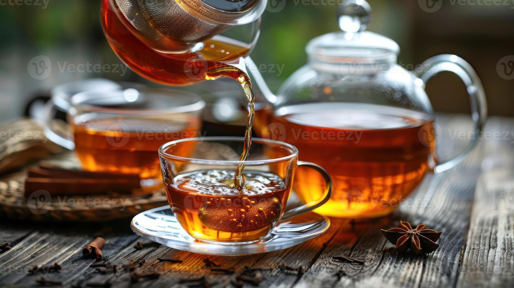A serene tea pouring scene with steaming cups, natural light, and spices on a rustic wooden table photo