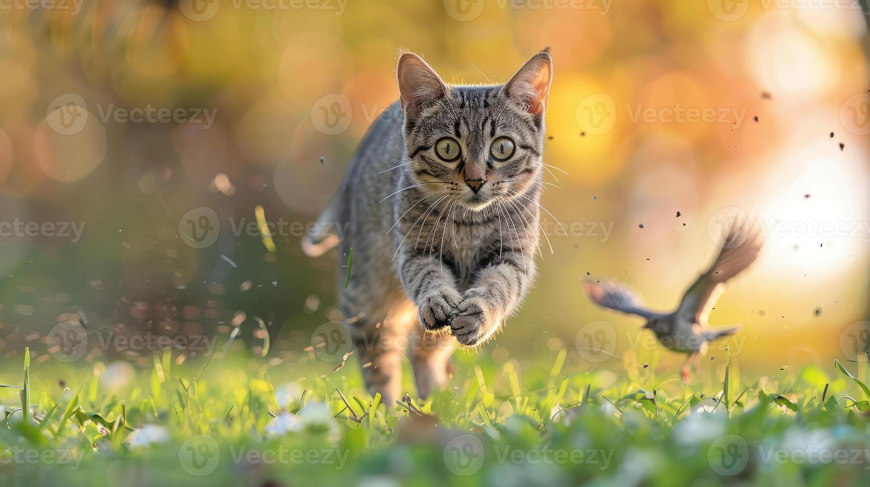 Playful tabby cat chasing a bird in a sunlit meadow filled with flowers and soft bokeh photo