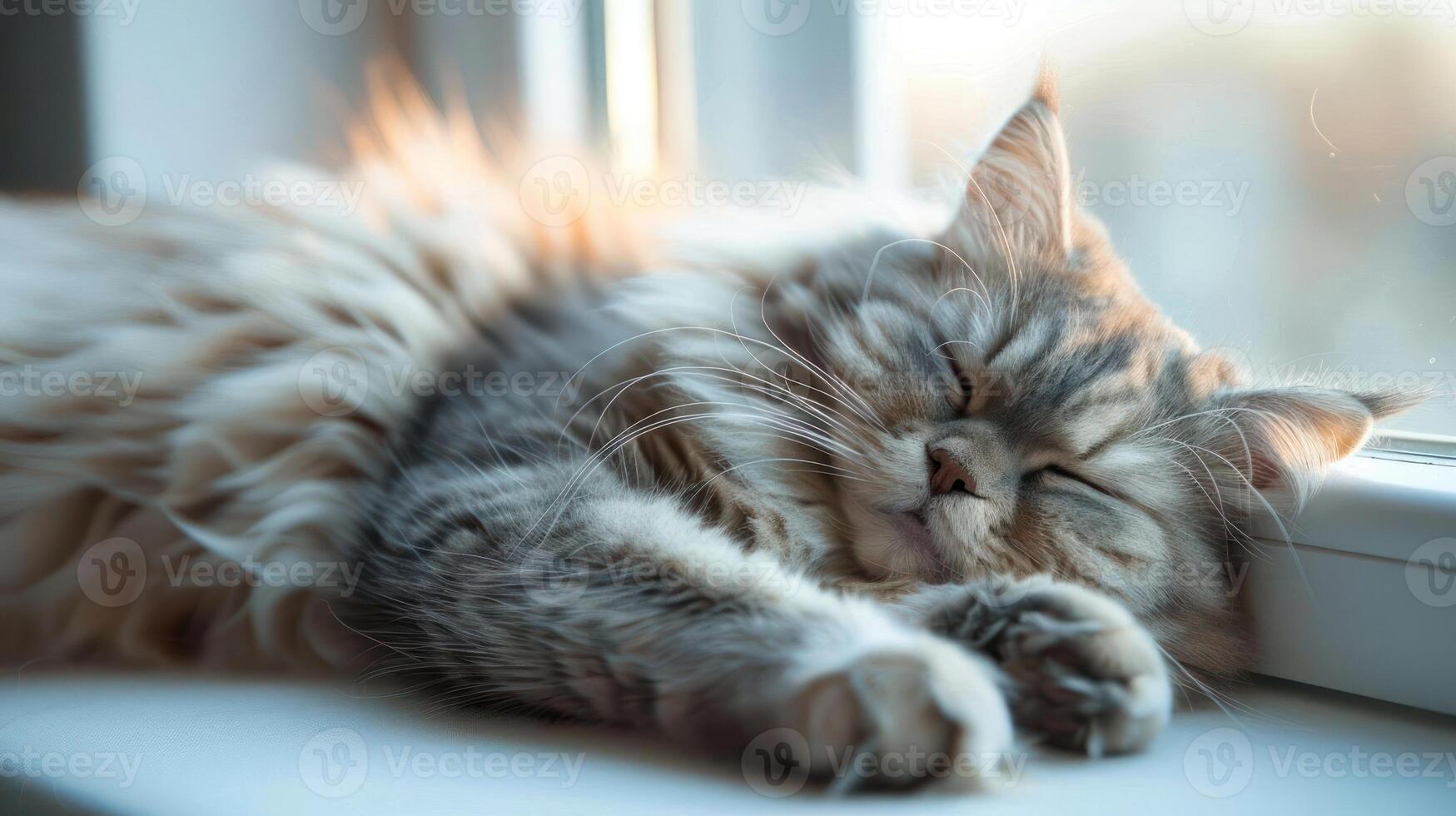 A fluffy cat peacefully sleeping on a windowsill with soft sunlight illuminating its fur photo
