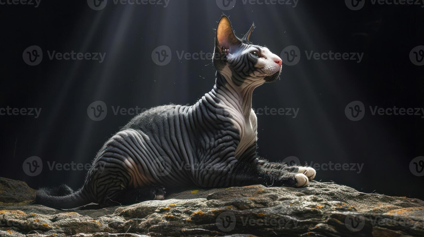 Striking sphynx cat with distinctive stripes poses majestically on a rock under soft light beams photo