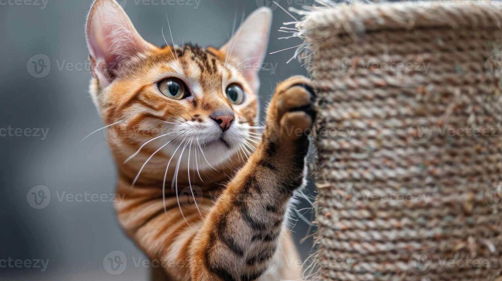 Playful Bengal cat scratching a textured post in a cozy indoor setting, with soft lighting photo