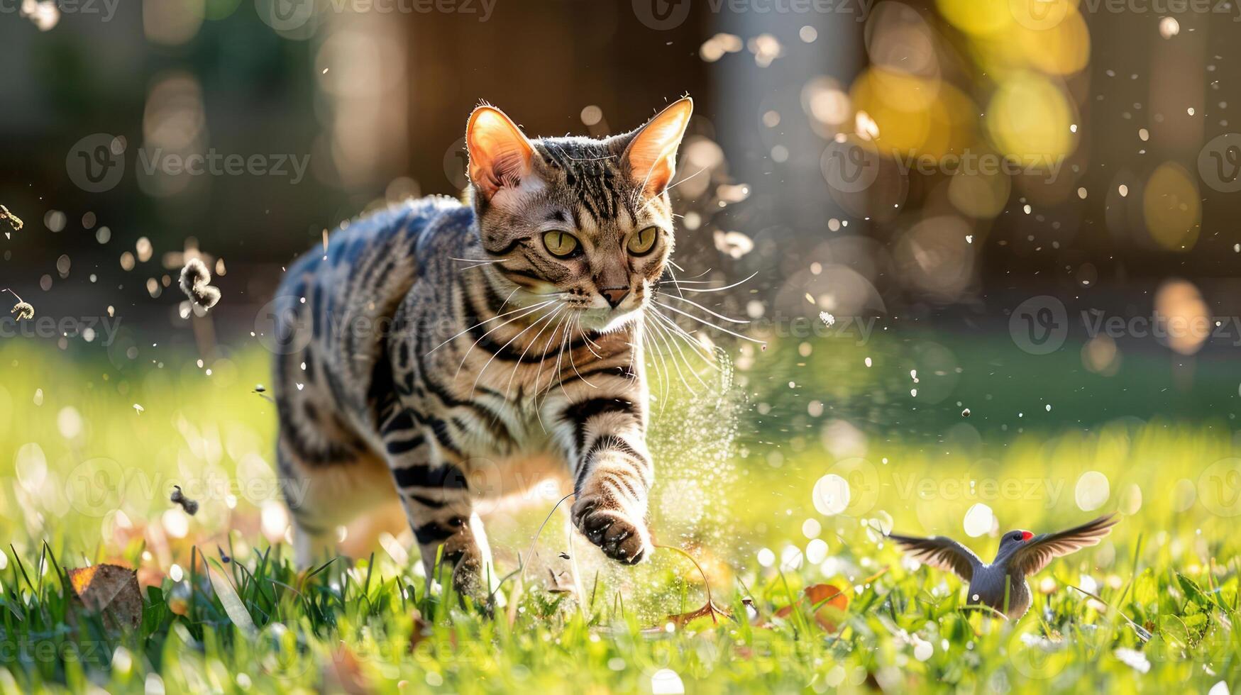 Playful cat running through a sunlit garden, chasing a small bird with sparkling droplets around photo