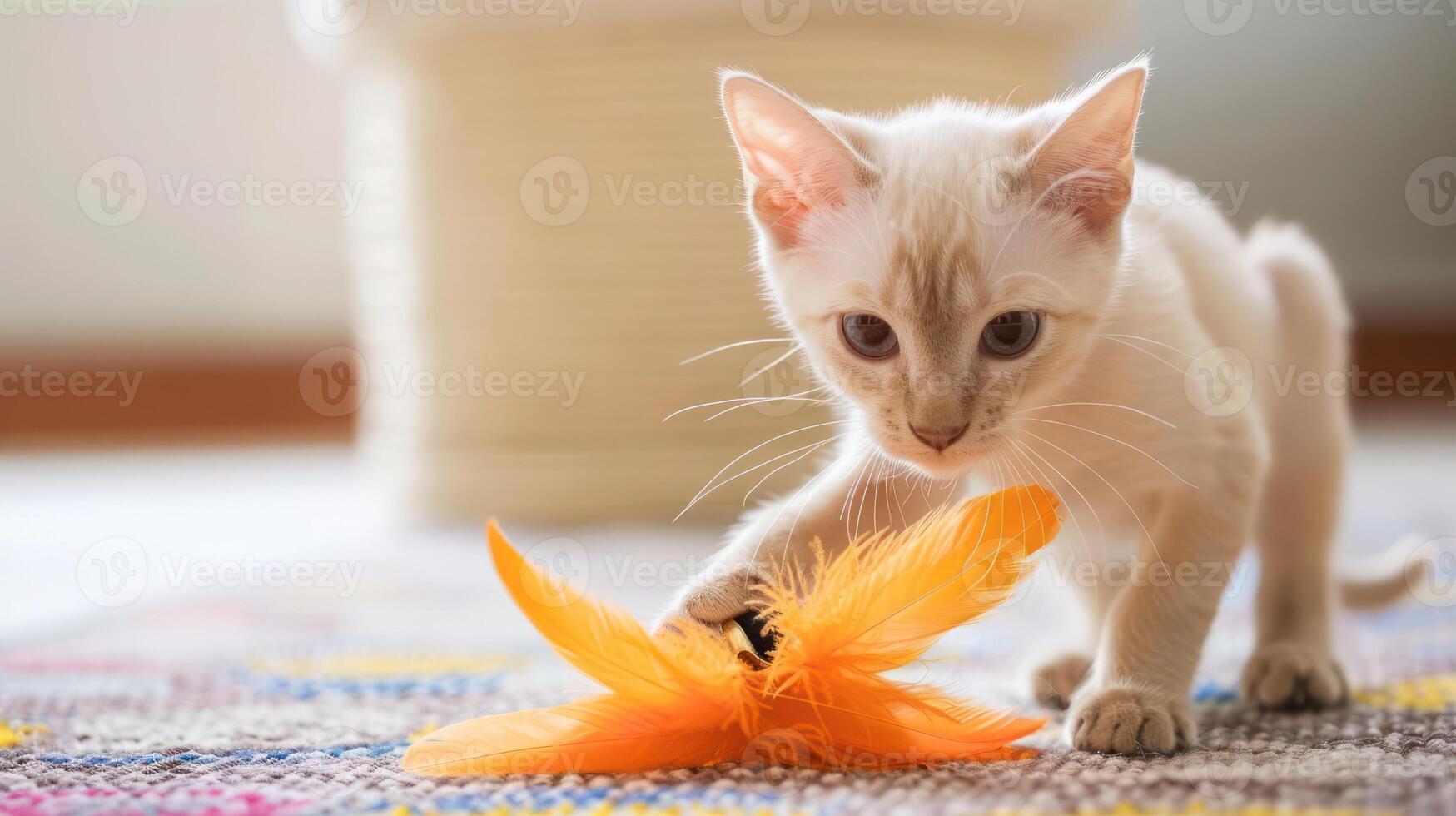 Playful white kitten interacting with vibrant feather toy in bright, cozy indoor setting photo