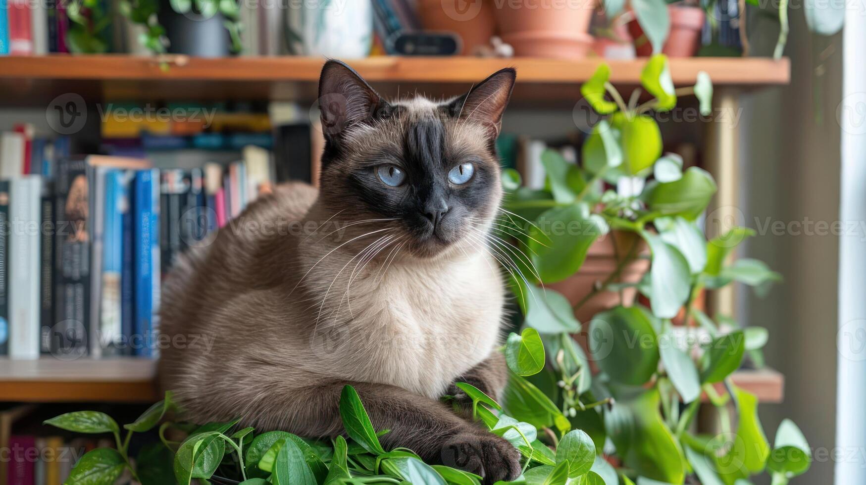 A serene Siamese cat resting atop lush green plants in a cozy indoor setting with bookshelves photo