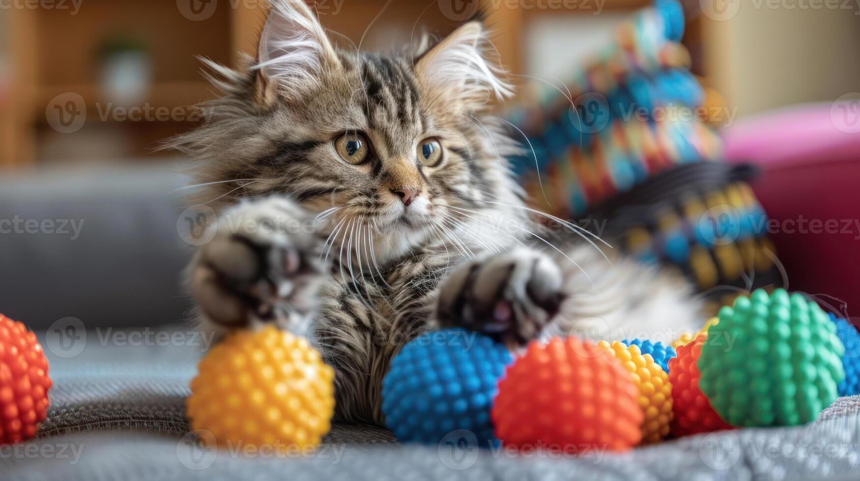 Playful Maine Cat Engaging with Colorful Textured Balls in Cozy Living Room Setting photo
