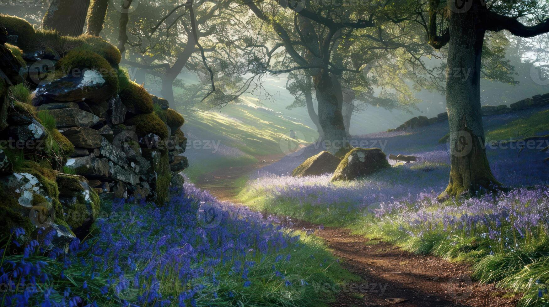 Serene forest path lined with blooming bluebells, sunlight streaming through trees, tranquil atmosphere photo