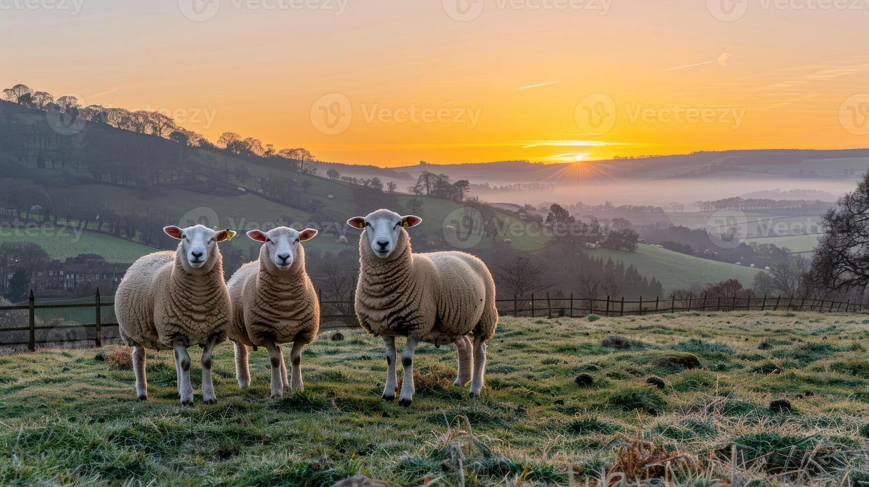 Three sheep standing in a lush green field at sunrise, with misty hills in the background photo