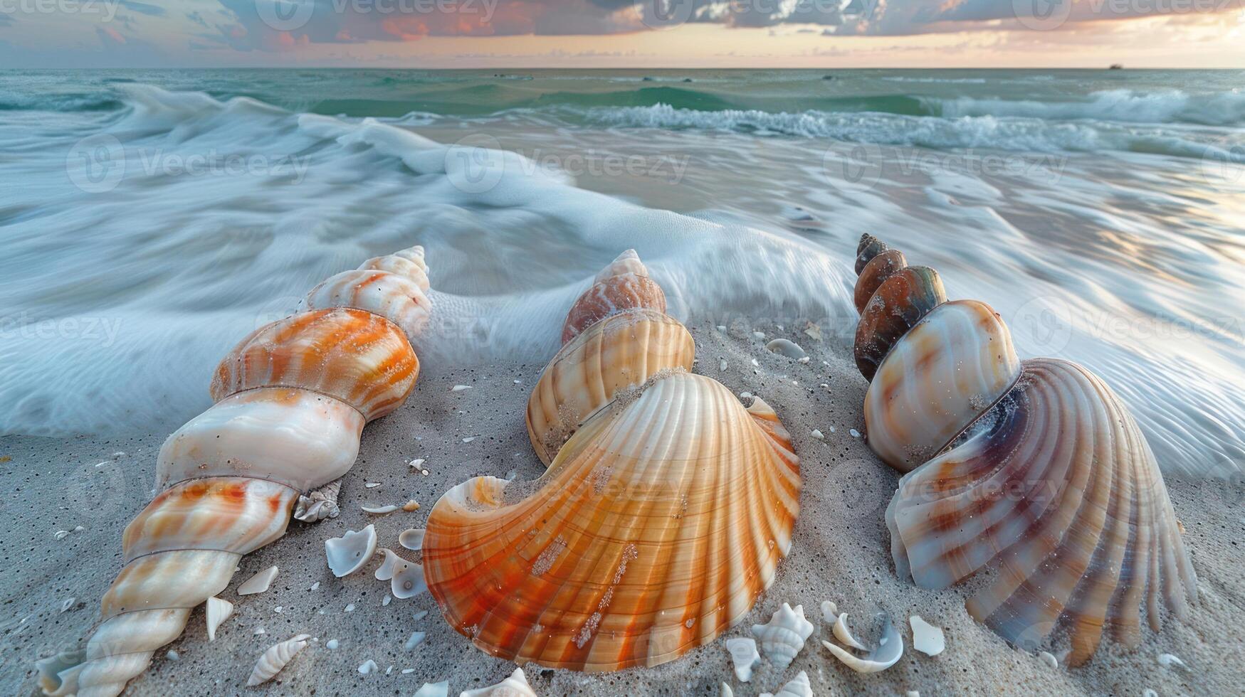 Colorful seashells on a sandy beach with gentle waves and a serene sunset in the background photo