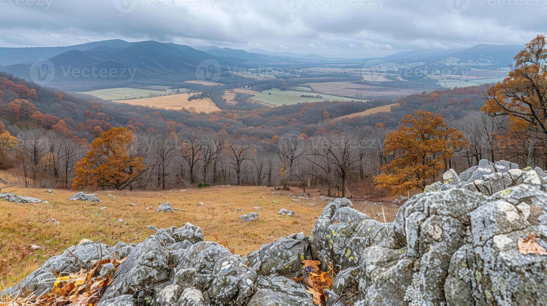 Scenic autumn landscape showcasing rolling hills, rocky foreground, and overcast sky photo