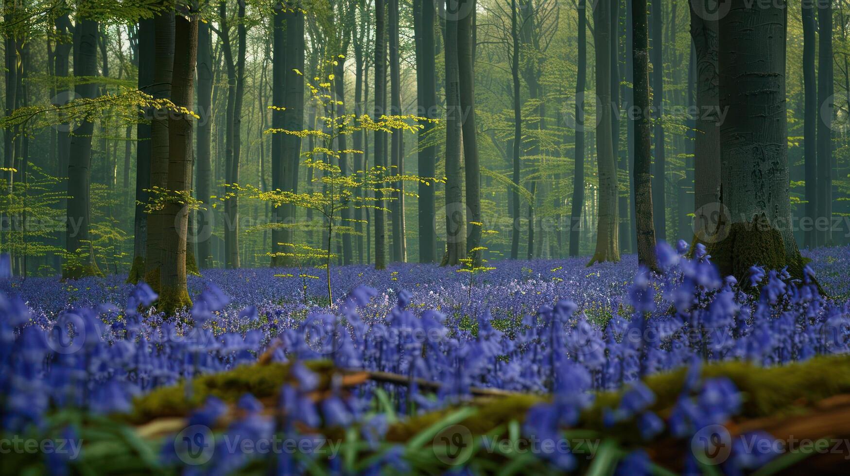 Serene forest landscape with vibrant bluebells blooming under tall trees in springtime photo