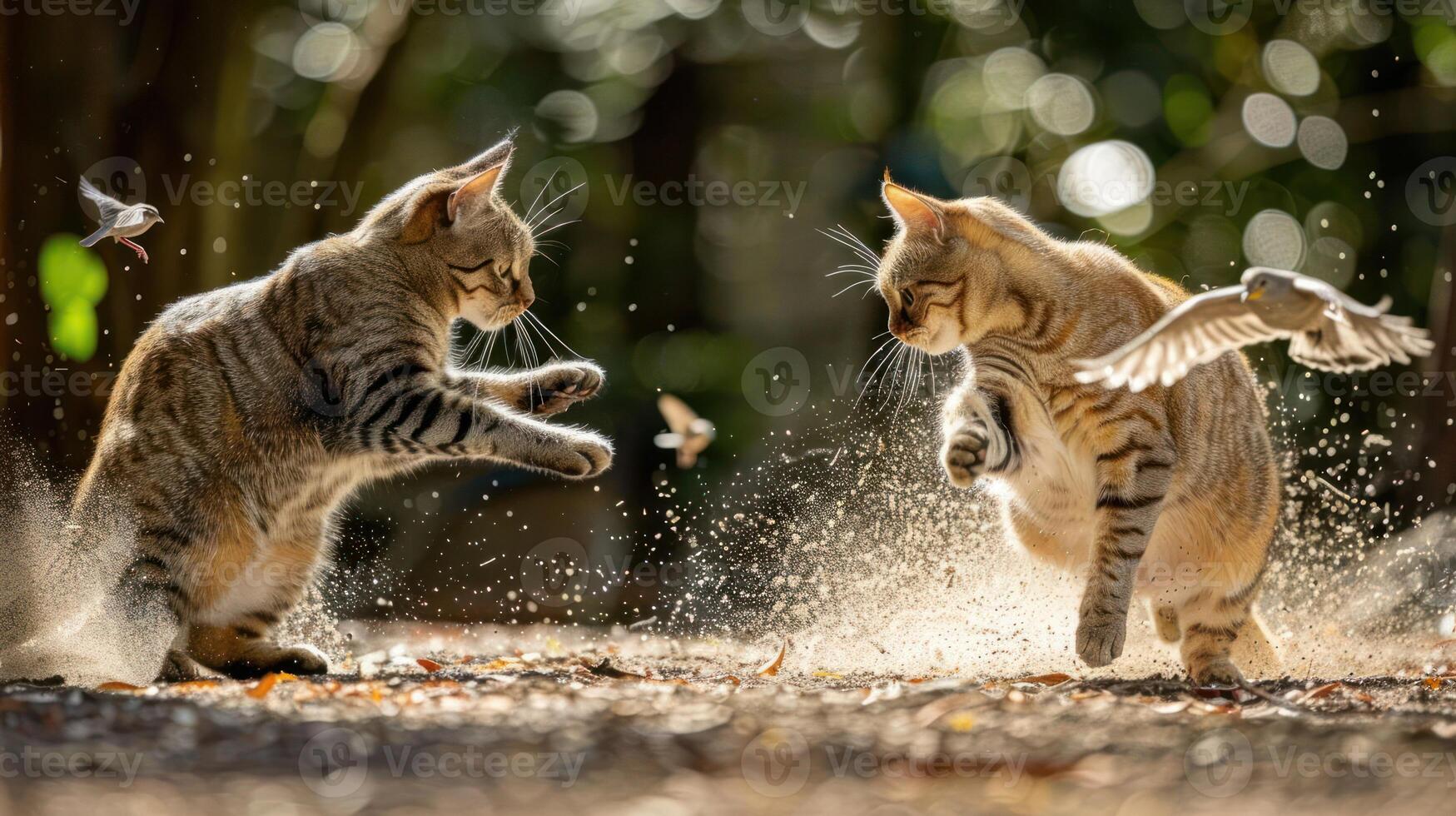 Two playful cats chasing birds in a sunlit forest, showcasing a lively natural scene photo