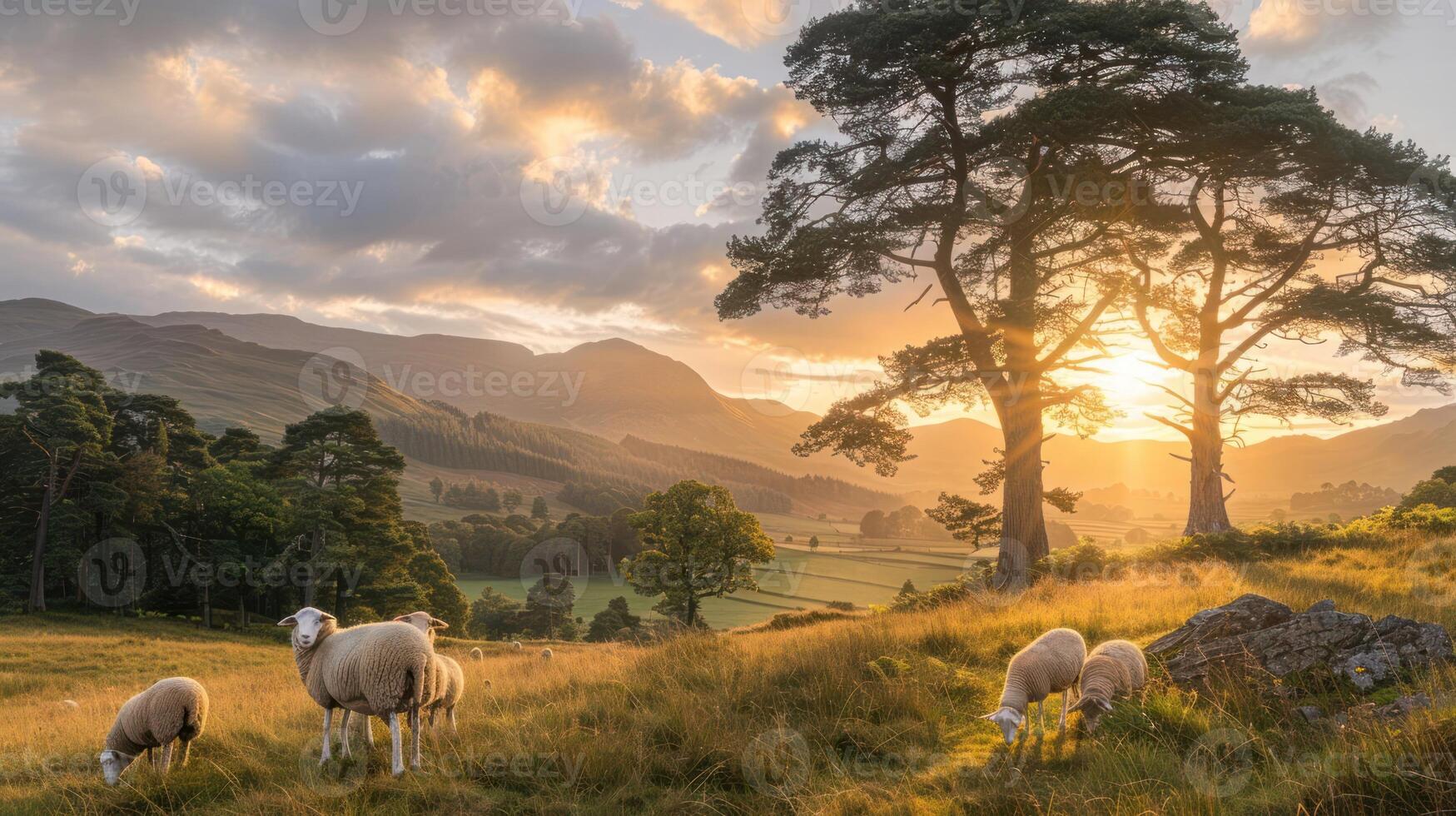 Serene pastoral landscape at sunset with sheep grazing in foreground and mountains behind photo