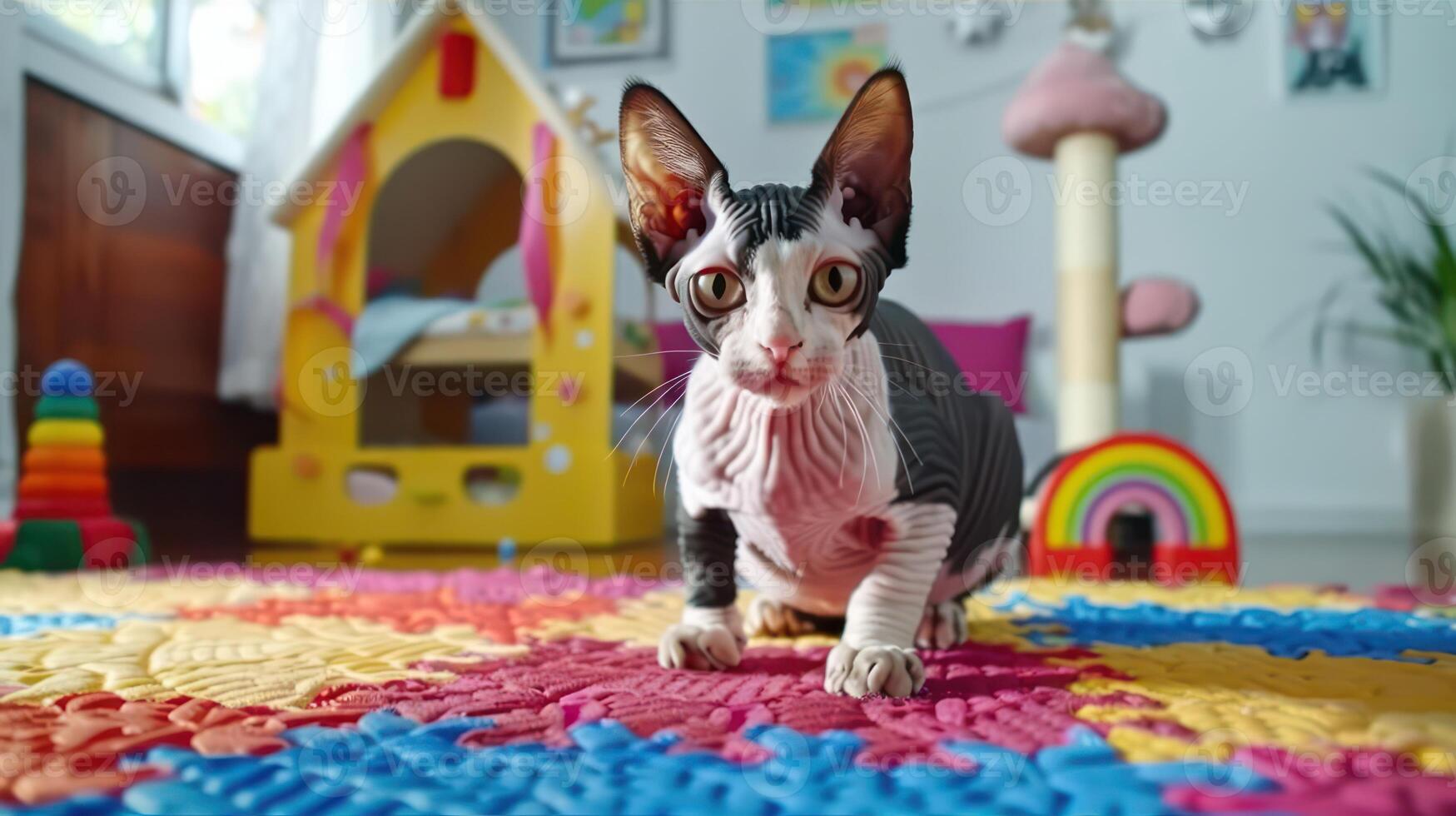 Playful cat exploring a colorful playroom filled with toys and a vibrant atmosphere photo