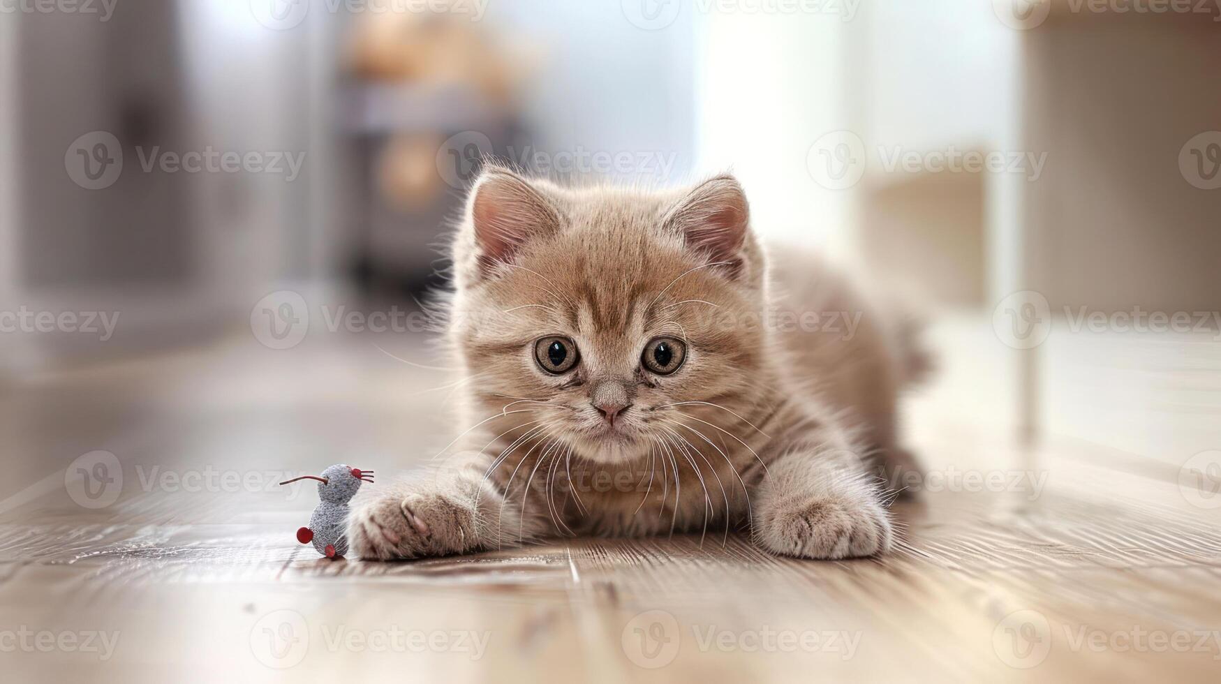 Playful kitten with a toy mouse on wooden floor in a cozy home setting, soft light ambiance photo