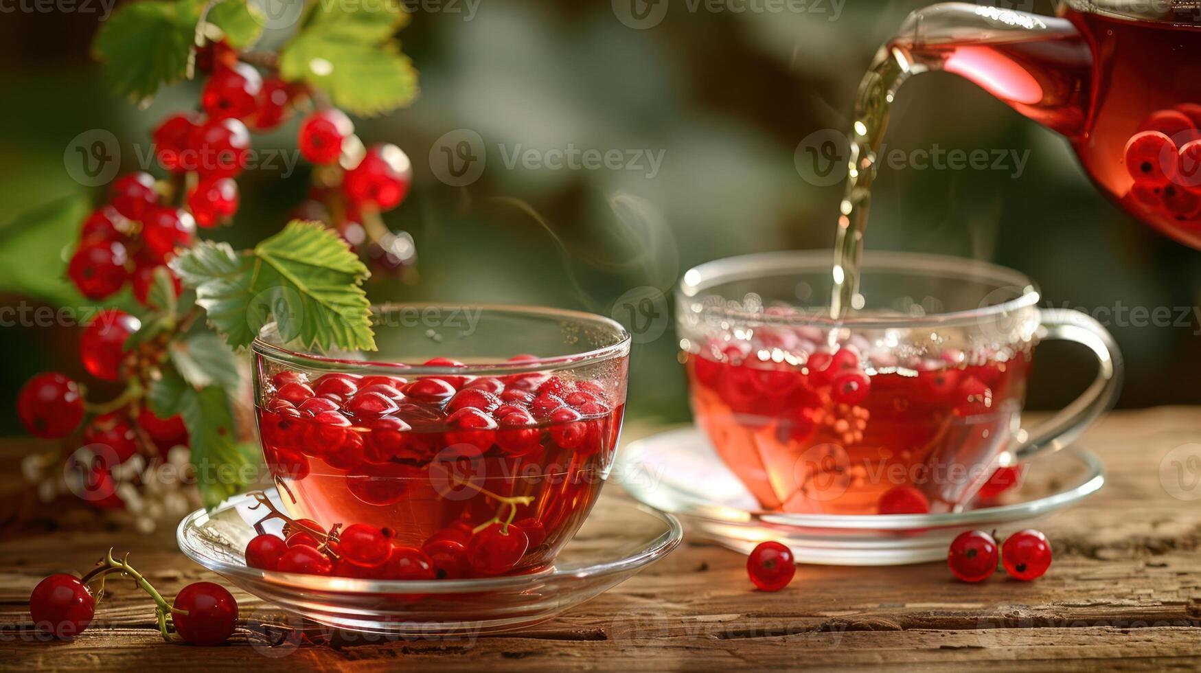 Refreshing herbal tea being poured into glass cups, surrounded by vibrant red berries and greenery photo