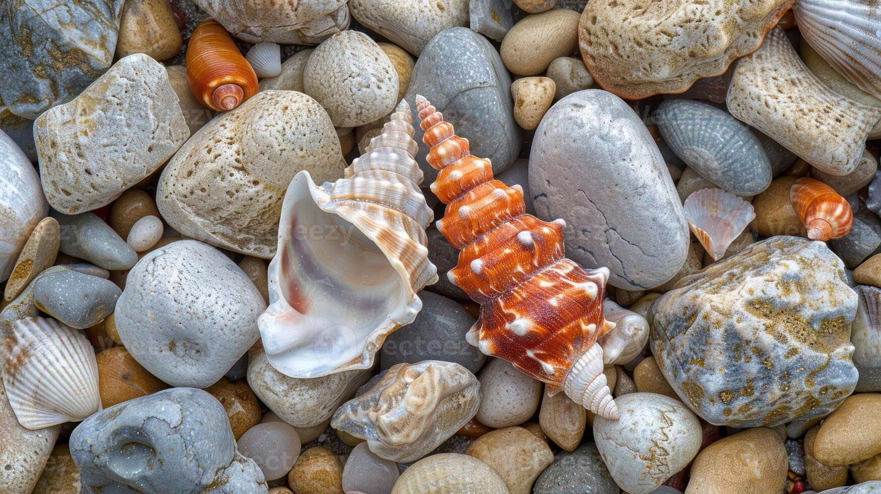 Close-up of various colorful seashells resting on smooth pebbles at a serene beach photo