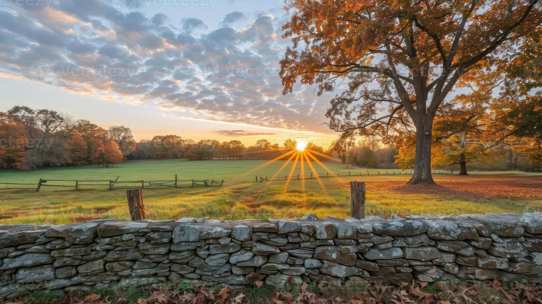 Autumn sunset over a serene landscape with a stone wall and vibrant foliage in the background photo