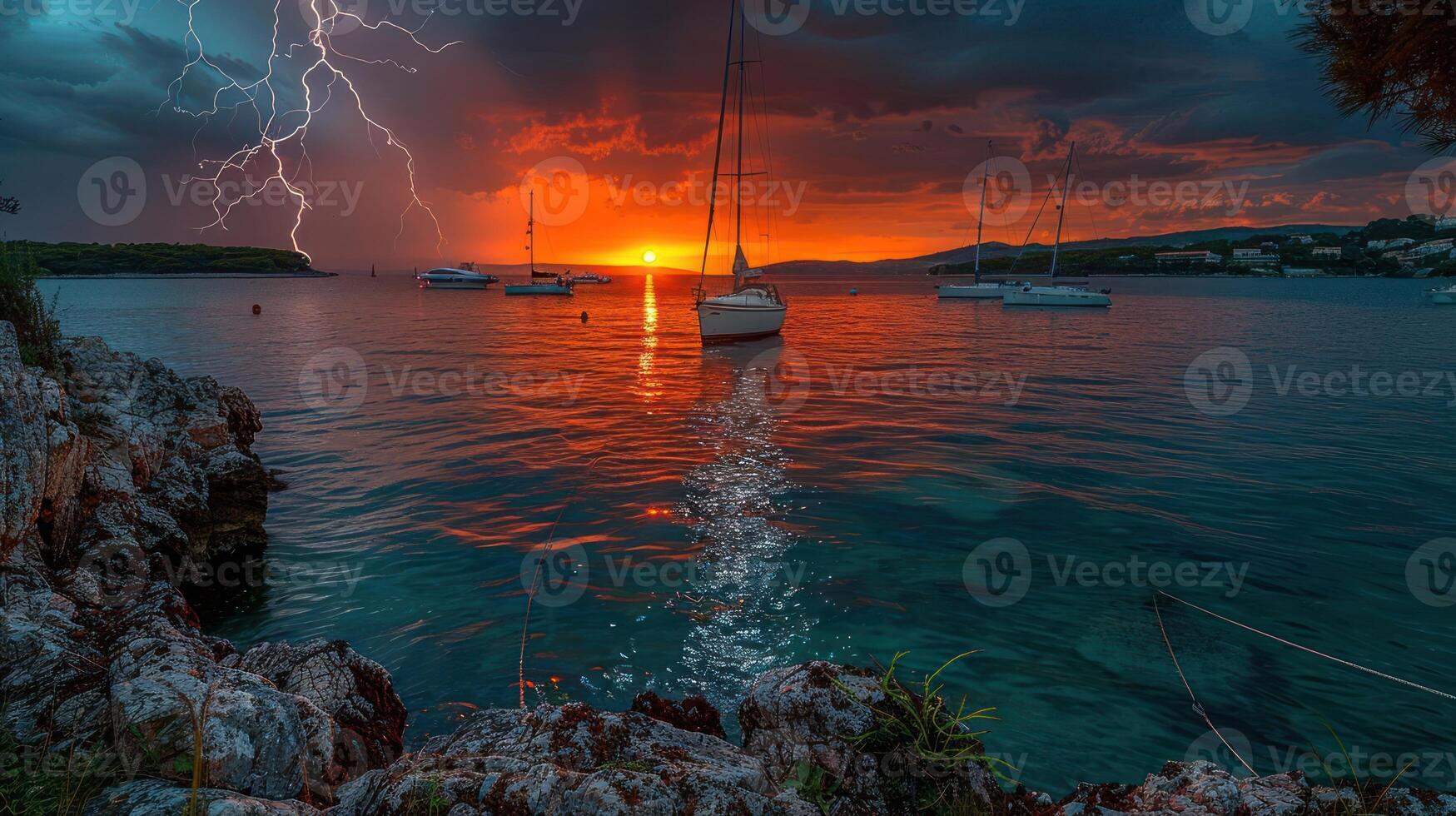 Dramatic sunset over calm waters with lightning, yachts anchored, and stormy clouds reflecting colors photo